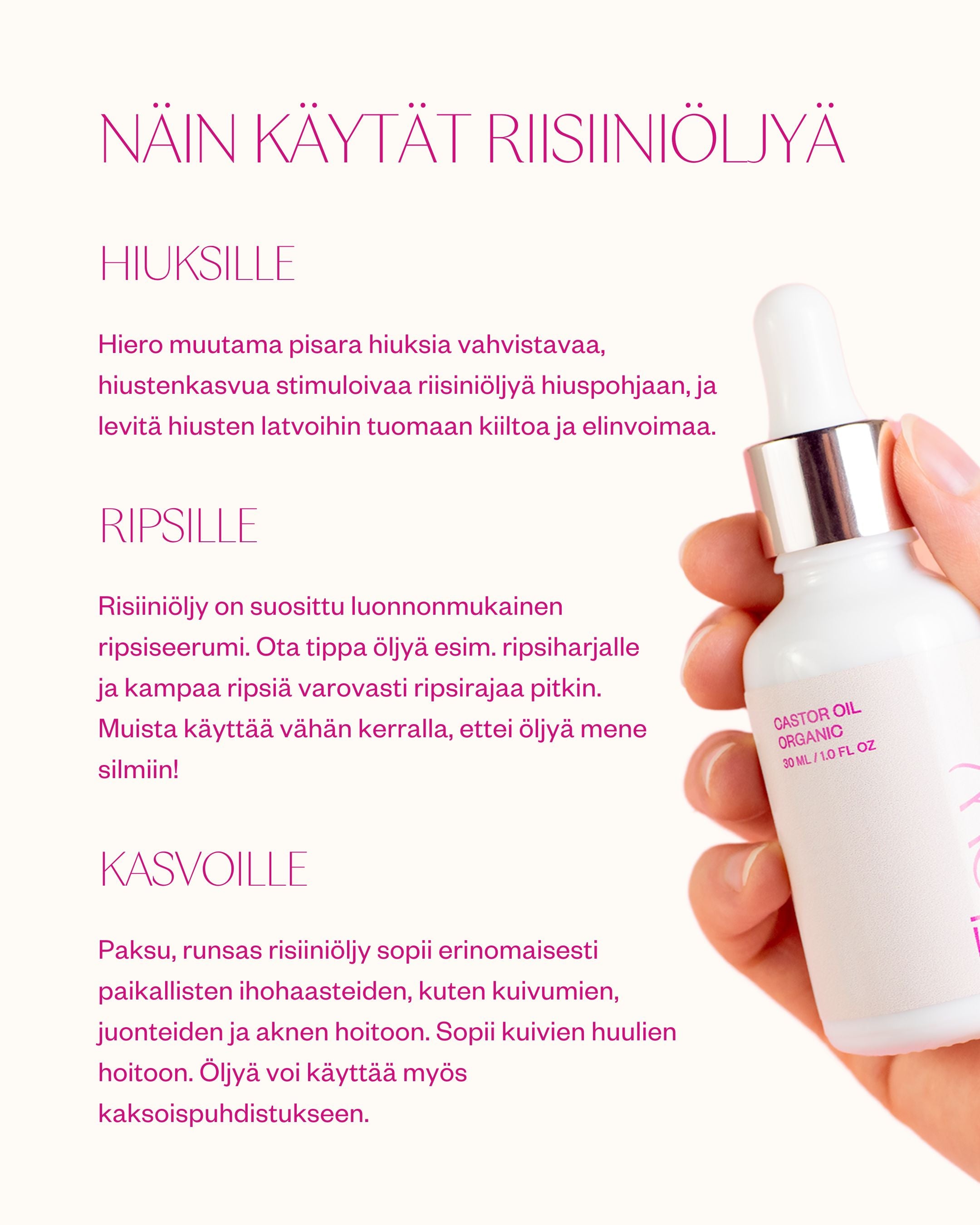 Luomu risiiniöljy ripsille, kulmakarvoille sekä hiuksille 30ml