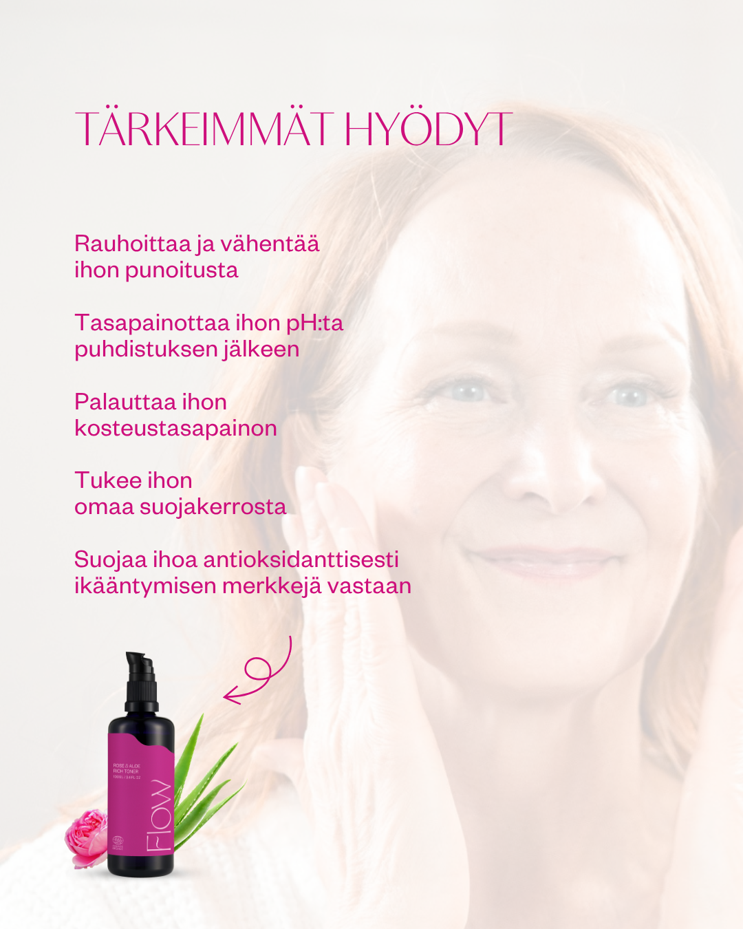 Flow Cometics Rose & Aloe Rich Toner syväkosteuttaa, sisältää ruusuvettä ja aloe veraa