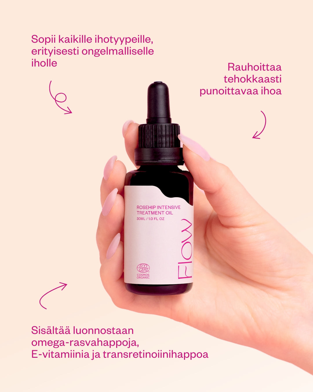 Rosehip Intensive Treatment Oil hoitoöljy herkälle ja haasteelliselle iholle