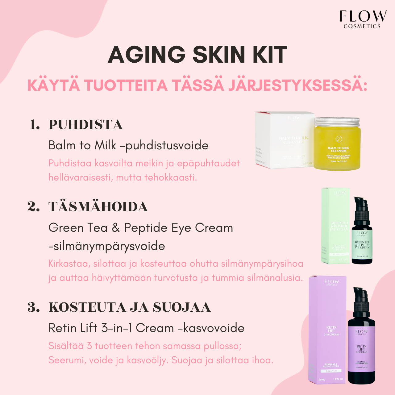 Flow Cosmetics AGING SKIN KIT: Balm to Milk Cleanser + Green Tea & Peptide Eye Cream + Retin Lift 3-in-1 Cream