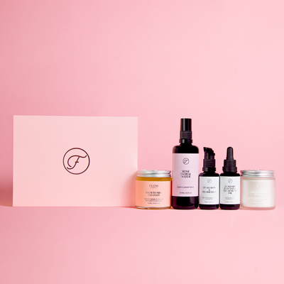 Flow Cosmetics ALL YOU NEED SENSITIVE SKIN KIT: Balm to Milk Cleanser 120ml, Rose Floral Water 100ml, Hyaluron & Probiotics Serum 30ml, Rosehip Intensive Treatment Oil 30ml, Lingonberry Bright Mask 120ml