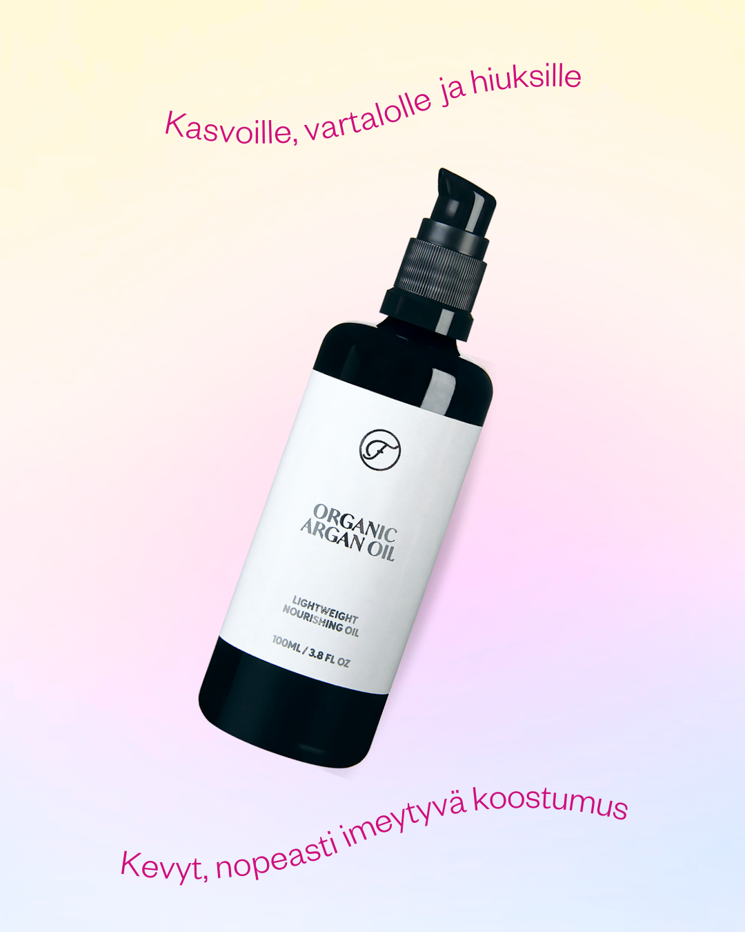 Argan Oil -ihonhoitoöljy kasvoille, vartalolle ja hiuksille (pumpulla). Öljy sopii jokaiselle ihotyypille, erityisesti myös allergia- ja tuoksuherkille, vauvasta vaariin.