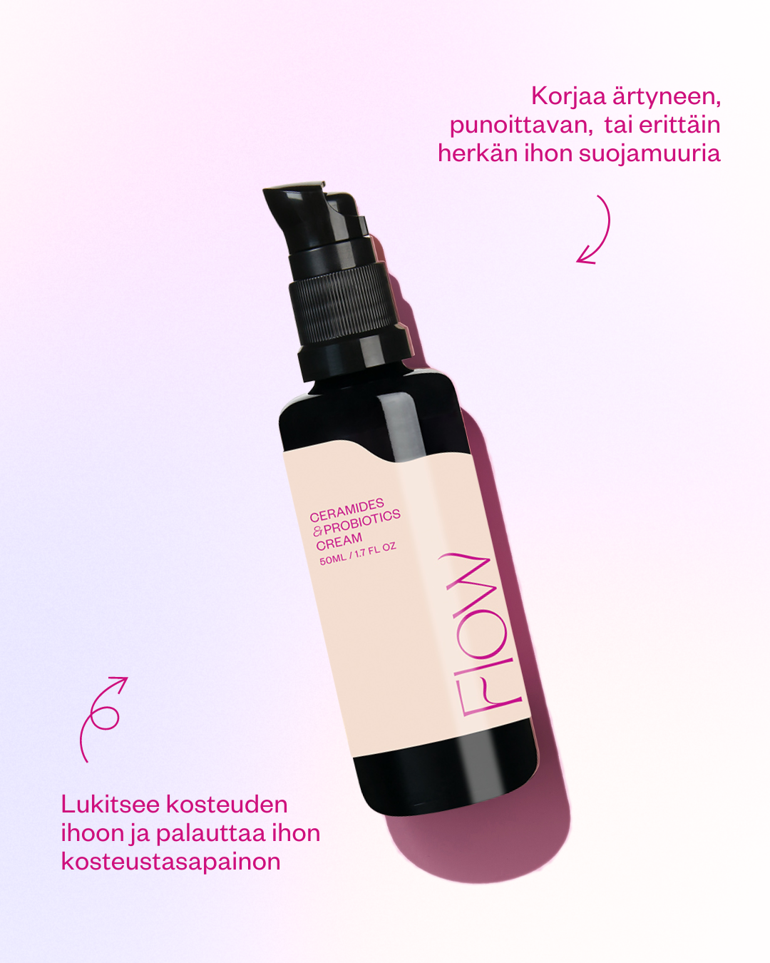 Flow Cosmetics kotimaisen luonnonkosmetiikan uutuus: Ceramides & Probiotics Cream - korjaava herkän ihon kasvovoide (hajusteeton)