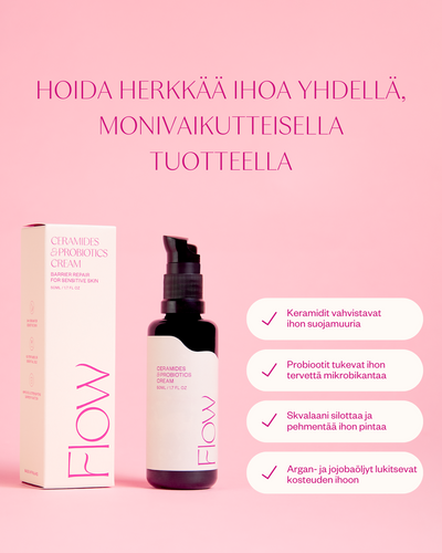 Flow Cosmetics kotimaisen luonnonkosmetiikan uutuus: Ceramides & Probiotics Cream - korjaava herkän ihon kasvovoide (hajusteeton)