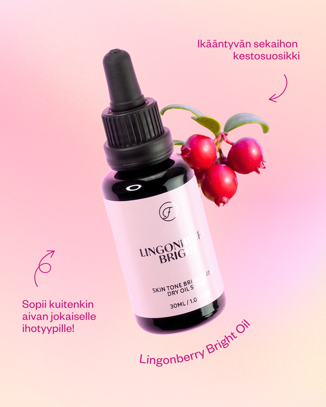 Lingonberry Bright -kuivaöljyseerumi samealle ja liikapigmentoituneelle iholle. Sopii kaikille ihotyypeille.