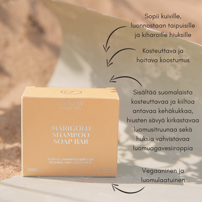 Flow Cosmetics Marigold -palashampoo kuiville ja luonnonkiharoille hiuksille