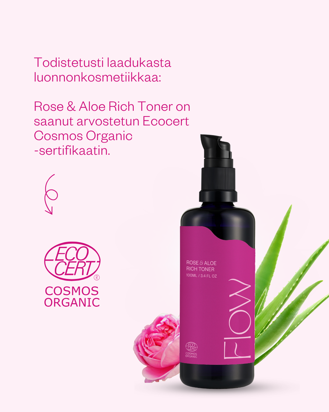 Flow Cometics Rose & Aloe Rich Toner -hoitoneste Ecocert COSMOS Organic